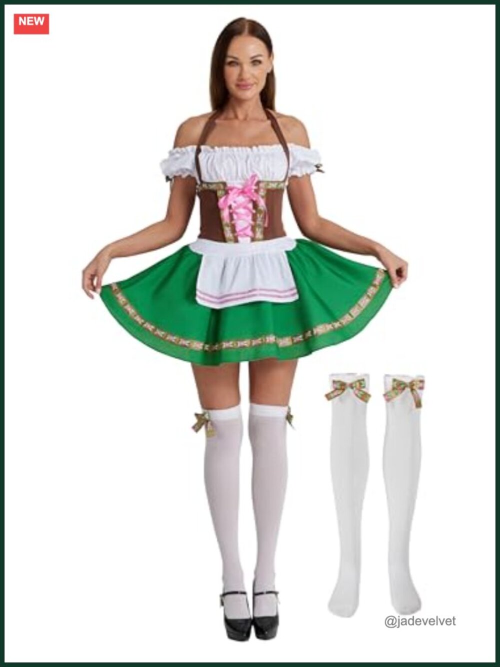 Women's Bavarian Dirndl Dress Costume Set with Bow Stockings